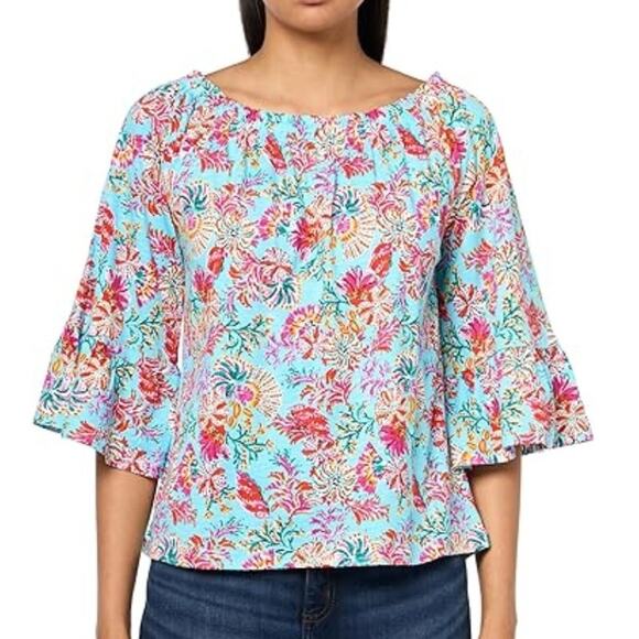 Stella Parker Colorful Tropical Top Womens Medium Turquoise Floral Cotton Blouse - Picture 2 of 7